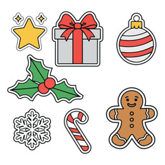 Christmas Icon Vector Set | Cute Holiday Clipart Featuring Gift, Gingerbread, Candy Cane, Snowflake & Ornament | Festive Illustration Bundle