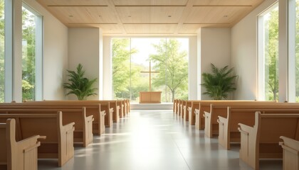 Fototapeta premium Modern church interior with light wood pews, clean white walls. Large windows look out to green trees. Simple wooden cross stands on altar. Space feels calm, peaceful, full of natural light, good for