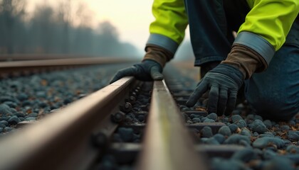 Worker inspects railroad tracks. Rail maintenance employee in safety uniform checks railway. Industrial worker kneeling near rails, touching tracks with hands. Man in gloves examining construction,