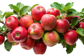 Obraz premium A bountiful cluster of ripe red apples with green leaves on a branch isolated on transparent background