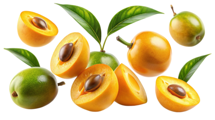 Fresh ripe loquats fruit with green leaves and seeds isolated on transparent background