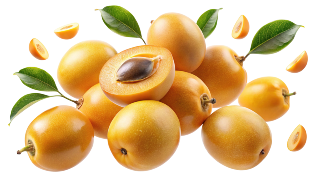 A vibrant cluster of ripe loquats with green leaves and small fruit slices isolated on transparent background