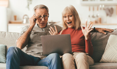 Emotional Mature Couple Using Laptop Computer And Shouting In Excitement Celebrating Success...