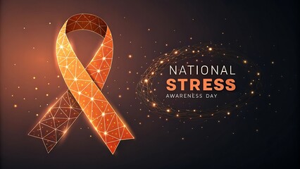 Orange ribbon symbolizes national stress awareness day with digital network elements
