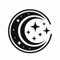 A black and white stylized crescent moon and stars vector logo isolated background