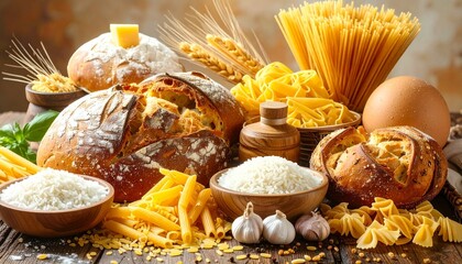 Rustic food arrangement with crusty bread, assorted pasta, rice, peppercorns, herbs, and baking tools on wood.