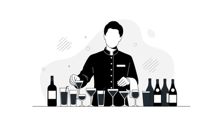 Bartender Prepares Drinks With Elegant Glasses And Various Bottles On Display For Service