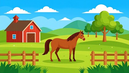 Cartoon illustration of a horse on a farm