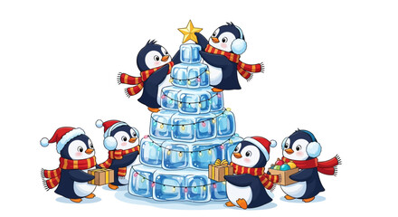 Penguins Decorating an Ice Christmas Tree Holiday Cheer and Festive Fun