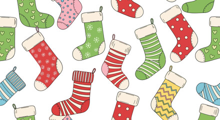 Seamless pattern with colorful hand-drawn Christmas stockings on a white background. Festive winter holiday illustration for wrapping paper or fabric design