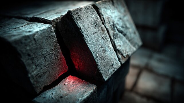 a close-up view of a rectangular stone block with a vibrant red pattern
