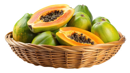 Fresh ripe papayas and green papayas in a woven basket isolated on transparent background