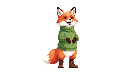 Delightful illustration of a happy red fox character, standing tall and smiling, adorned in a cozy green knitted pullover, bringing a touch of woodland charm to any design