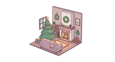 Cozy Isometric Christmas Living Room Illustration with Festive Decorations, Fireplace, and Holiday Tree. A warm, inviting scene perfect for seasonal designs and winter celebrations