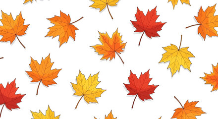Colorful autumn maple leaves scattered across a white background, creating a seasonal pattern.