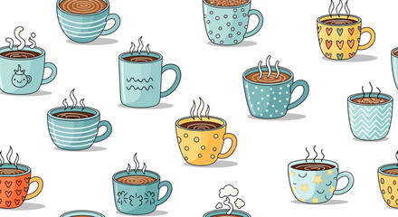 Seamless pattern of various colorful coffee mugs with steaming hot beverages on a white background.