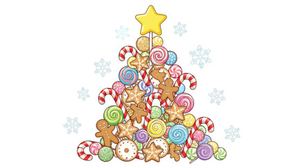 A whimsical Christmas tree made from a delightful assortment of candies, cookies, gingerbread men, and lollipops, celebrating the sweet holiday season