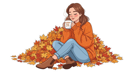 Cozy Autumn Moments A Woman Sipping Coffee Amidst a Pile of Fall Leaves, Feeling Content