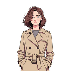 A stylish young woman with short brown hair wearing a classic beige trench coat, looking forward with a calm expression.