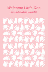 Baby shower guest book poster template for girls with babies footprints and handprints on pink background with guest signature places