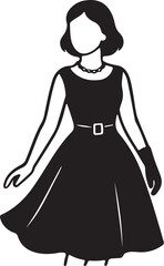 Vintage woman in flared dress with belt gloves and necklace monochrome vector design inspired by retro elegance and timeless fashion