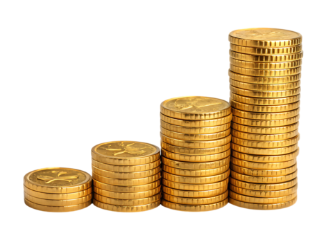Stacks of golden coins, cutout, PNG isolated on white or transparent background, generated AI