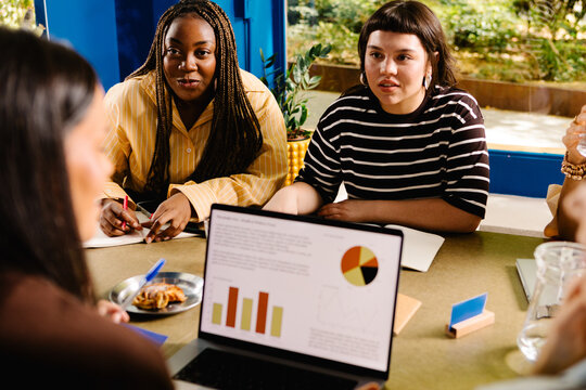 Creative women listening to a results report during a meeting