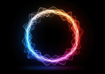 Glowing Wavy Ring of Light in Rainbow Colors on Black Background abstract bright