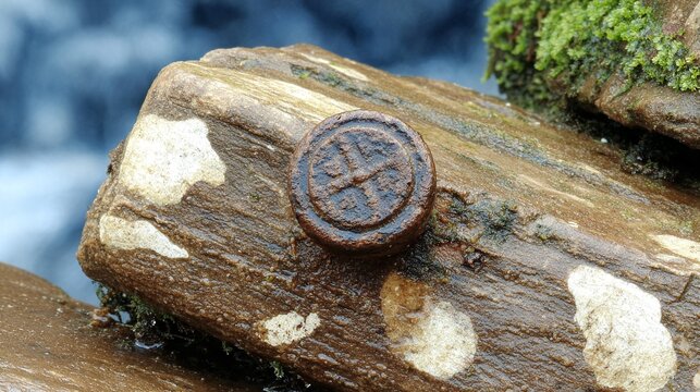 a close-up view of an old coin resting on a rock