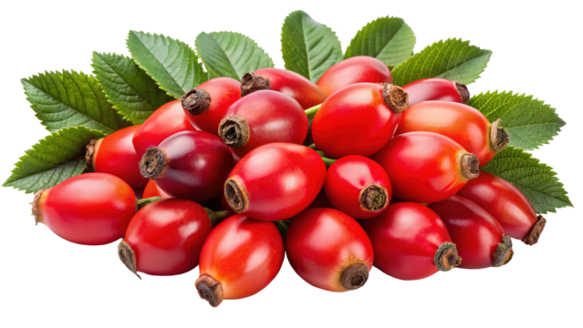 Vibrant cluster of ripe red rose hips with green leaves isolated on transparent background - Powered by Adobe