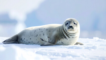 Weddell seal resting on snow, soft light, wide shot, realistic fur texture, minimalis.