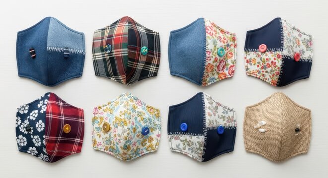 Artistic flat lay of decorative fabric face masks with buttons in various patterns for design inspiration