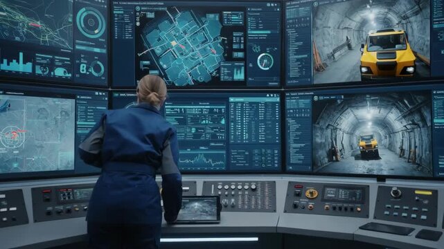 Medium shot of a supervisor interacting with integrated digital dashboards that consolidate mining workflows and enhance communication across remote locations.