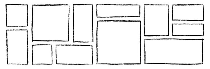 Chalk text boxes and crayon frames doodle set. Rectangle and square shapes, grunge borders in sketch style. Hand drawn vector illustration isolated on white background