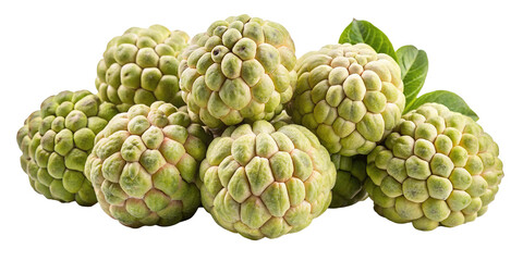 Obraz premium A cluster of ripe custard apples with textured green skin and a few fresh leaves isolated on transparent background