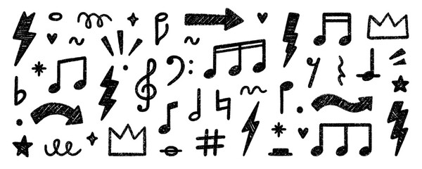 Crayon musical notes doodle set. Punk rock chalk pencil elements in sketch style. Grunge texture. Hand drawn vector illustration isolated on white background.