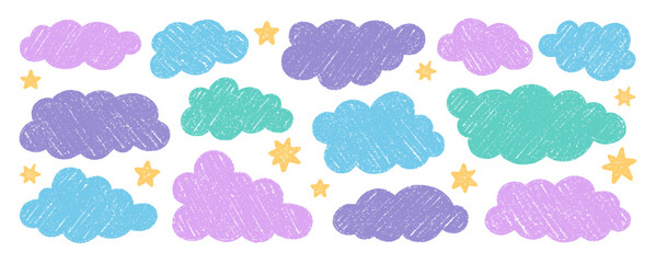 Chalk pencil clouds doodle set. Childish crayon sky, stars and moon. Pastel kids sketch. Grunge texture. Hand drawn vector illustration isolated on white background