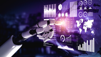 A sleek robot hand interacts with a vibrant digital dashboard, showcasing intricate data visualizations and analytics in a modern, high-tech space. Impute