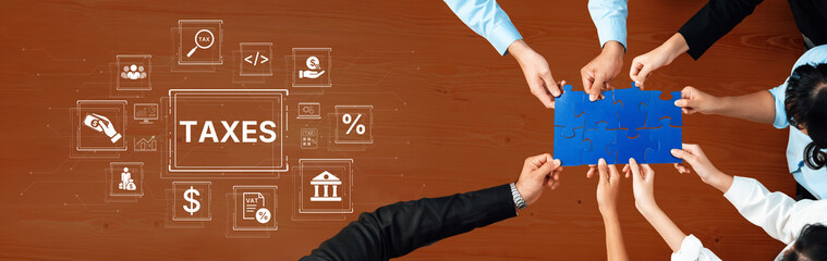 Concept of tax preparation and financial compliance. Filing official tax documents and forms for...