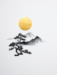 水墨画で描いた松の木と山と太陽