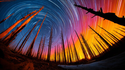 Night star trails over burned trees in wildfire-ravaged forest illustrating time and devastation