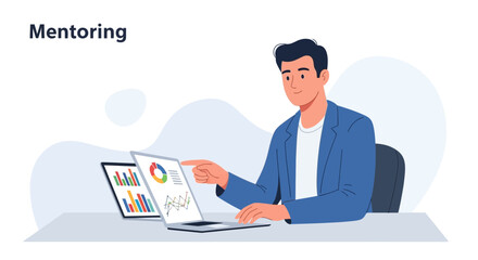 Business Mentoring Session: Analyzing Data on Laptop to Achieve Success and Enhance Goals