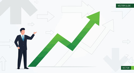 Business concept of growth and success represented by a businessman and a green arrow