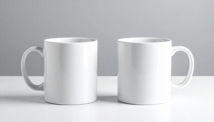 Obraz premium Two plain white ceramic mugs side by side on neutral gray background.