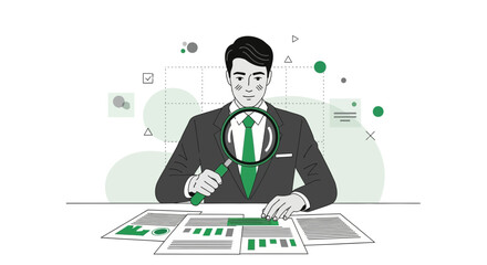 Business Analyst Inspecting Report Data with Green Magnifying Glass
