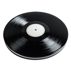 Obraz premium Shiny black vinyl record with white label. Grooves visible, centered on dark background