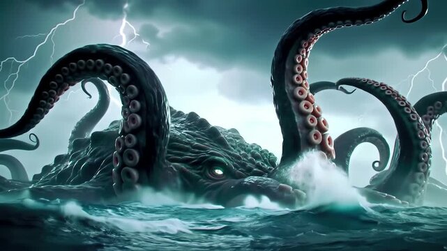 Mythical giant kraken sea monster with huge tentacles emerging from a stormy ocean with lightning