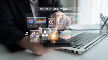 Content marketing interface with data dashboards, analytics charts, and content tools. Marketing success comes from content performance, content planning, and marketing optimization. Spline
