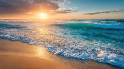 Obraz premium The sun sets on the horizon casting warm colors over the ocean waves. Gentle waves lap against the sandy beach creating a peaceful evening scene.