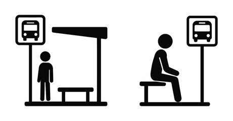 Bus stop, icon set, person waiting for transport, stick figure people